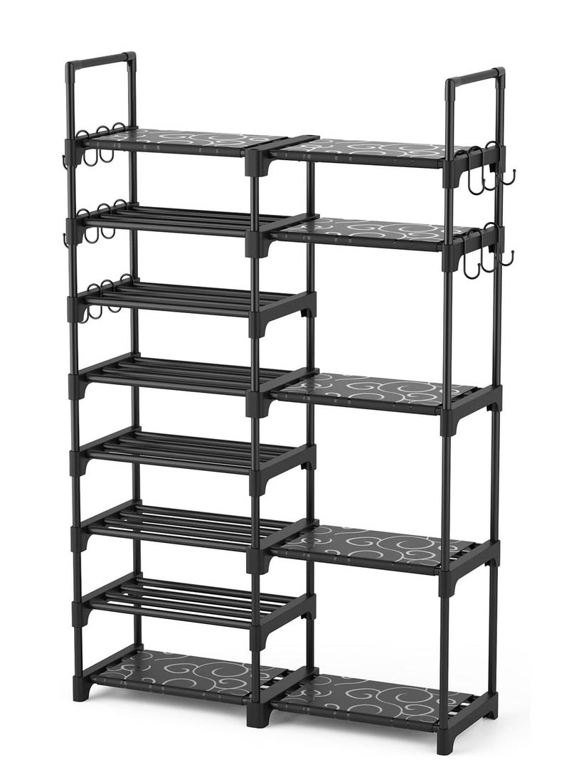 LENND Shoe Rack Organizer, 8-Tier Metal Shoe Rack for Closet Entryway Garage, 26-32 Pairs Tall Shoe Boot Storage Shelf with 15 Hooks, Stackable Large Shoe Stand - Image 2
