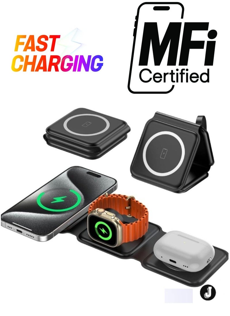 JAJEEK 3-in-1 Foldable Wireless Charger – Magnetic Fast Charging Station for iPhone 16/15/14/13/12/11 Pro Max/X/XS, AirPods 4/3/2/Pro, Apple Watch - Image 1