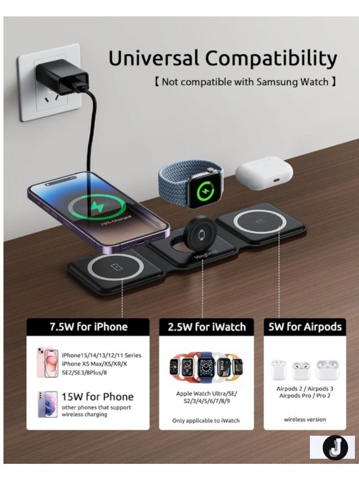 JAJEEK 3-in-1 Foldable Wireless Charger – Magnetic Fast Charging Station for iPhone 16/15/14/13/12/11 Pro Max/X/XS, AirPods 4/3/2/Pro, Apple Watch - Image 2