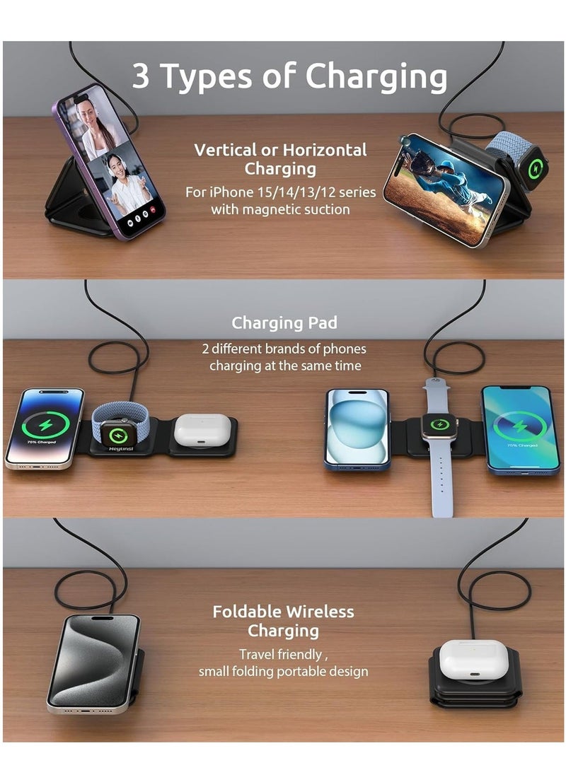 JAJEEK 3-in-1 Foldable Wireless Charger – Magnetic Fast Charging Station for iPhone 16/15/14/13/12/11 Pro Max/X/XS, AirPods 4/3/2/Pro, Apple Watch - Image 3