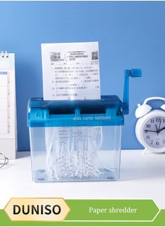 DUNISO Mini Hand Shredder, Portable Paper Shredder Manual Shredder, for Home and Office with 1L Transparent Plastic Window Bin (Blue)  - Image 1