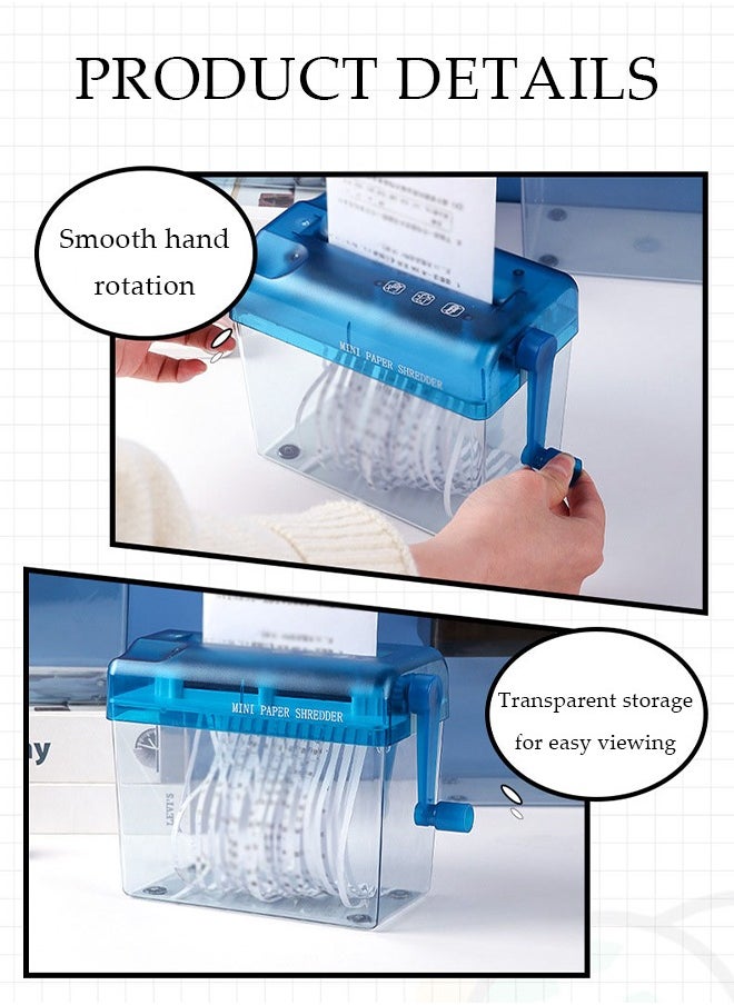 DUNISO - Mini Hand Shredder, Portable Paper Shredder Manual Shredder, for Home and Office with 1L Transparent Plastic Window Bin (Blue) - Image 1