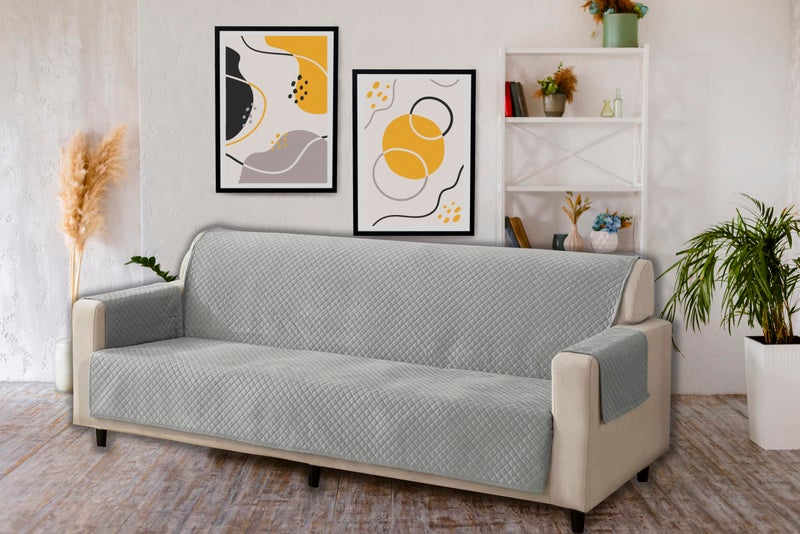 KINGLY Velvet Quilted Universal Elastic Sofa Cover Non-Slip Sofa Protector 5 Seater Armchair Cover with Machine Washable Adjustable Elastic Straps (3+2 Seater) (Silver Gray) - Image 5