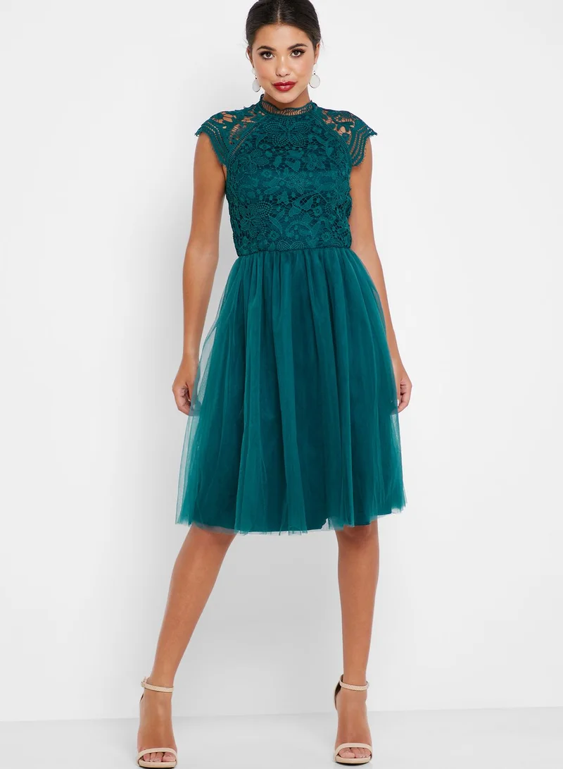 Chi-Chi London High Neck Lace Skater Dress