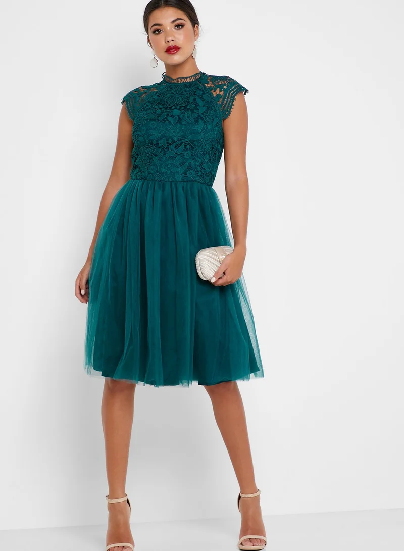 Chi-Chi London High Neck Lace Skater Dress