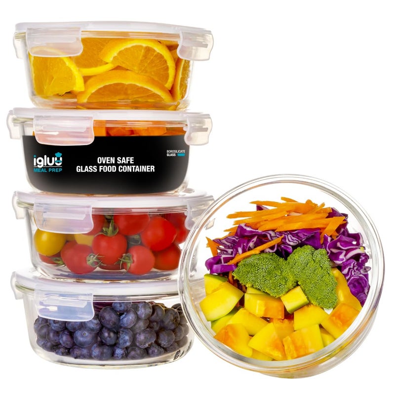 Igluu Meal Prep Round Glass Containers with Air Vent Lids (5 Pack+Extra Lid) â€“ Airtight & BPA-Free â€“ Oven, Microwave, Freezer and Dishwasher Safe â€“ 32oz â€“ Durable Borosilicate Glass - Image 1