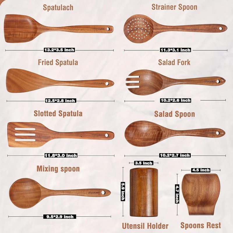 Mooues 9 Piece Natural Teak Wooden Kitchen Utensil Set with Spoon Rest - Comfort Grip Cooking Spoons and Utensils Holder - Image 3