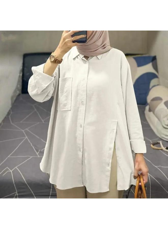 VUELO Fashion Women's Lapel Long Sleeve Muslim Blouse Autumn Split Hem Blouse Elegant Solid Color Top - Image 1