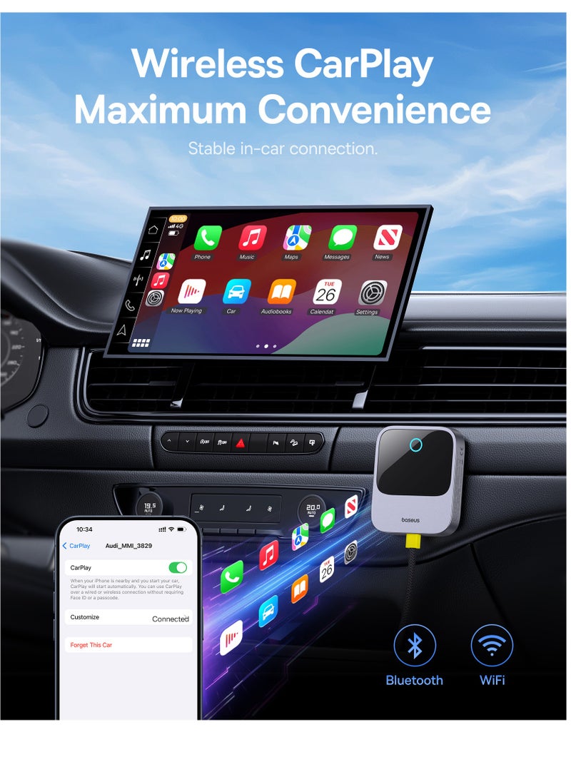 Baseus - Wireless CarPlay Adapter for iPhone, Bluetooth 5.0 Dongle Converts Wired CarPlay to Wireless for 2016+ Cars, Compatible with iOS 10-17. Enjoy seamless connectivity, simplified access to apps, music, and navigation while you drive - Image 1