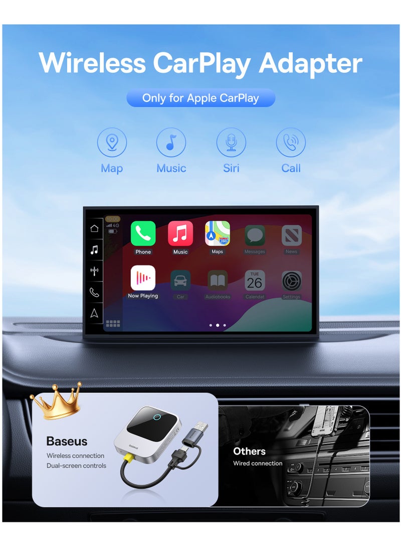 Baseus - Wireless CarPlay Adapter for iPhone, Bluetooth 5.0 Dongle Converts Wired CarPlay to Wireless for 2016+ Cars, Compatible with iOS 10-17. Enjoy seamless connectivity, simplified access to apps, music, and navigation while you drive - Image 1