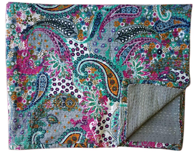 Textile art Creations Creations Traditional Ethnic Kantha Indian Bedding Emerald Cotton Tropical Fruit Hand Stitched Bedding Bed Cover by Textile art Creations Creations90x108 Inch - Image 2