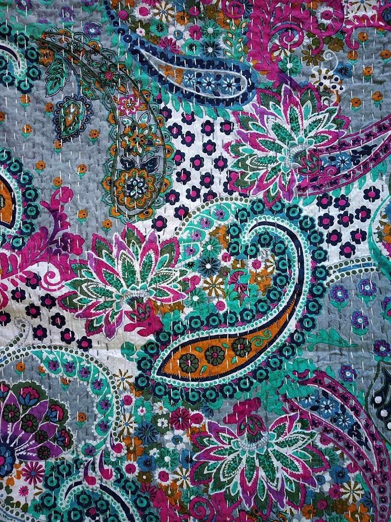 Textile art Creations Creations Traditional Ethnic Kantha Indian Bedding Emerald Cotton Tropical Fruit Hand Stitched Bedding Bed Cover by Textile art Creations Creations90x108 Inch - Image 4