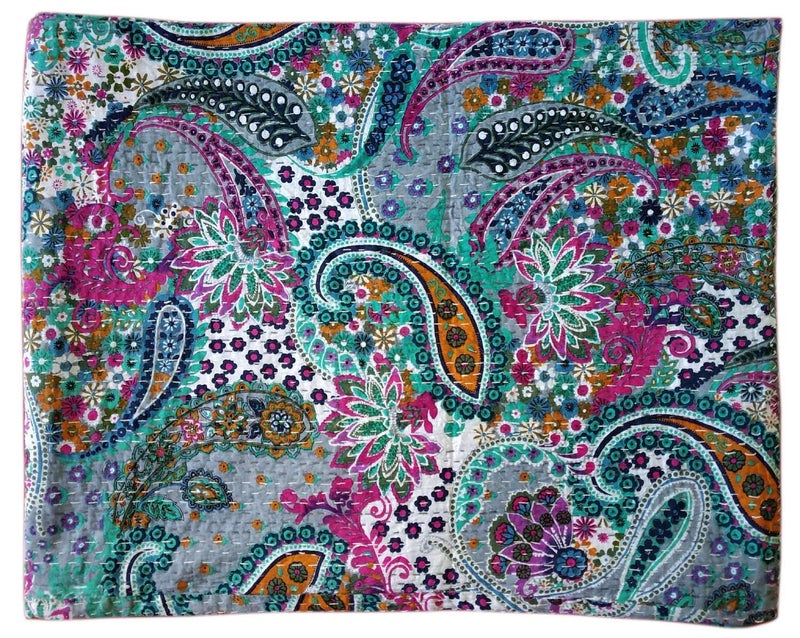 Textile art Creations Creations Traditional Ethnic Kantha Indian Bedding Emerald Cotton Tropical Fruit Hand Stitched Bedding Bed Cover by Textile art Creations Creations90x108 Inch - Image 3