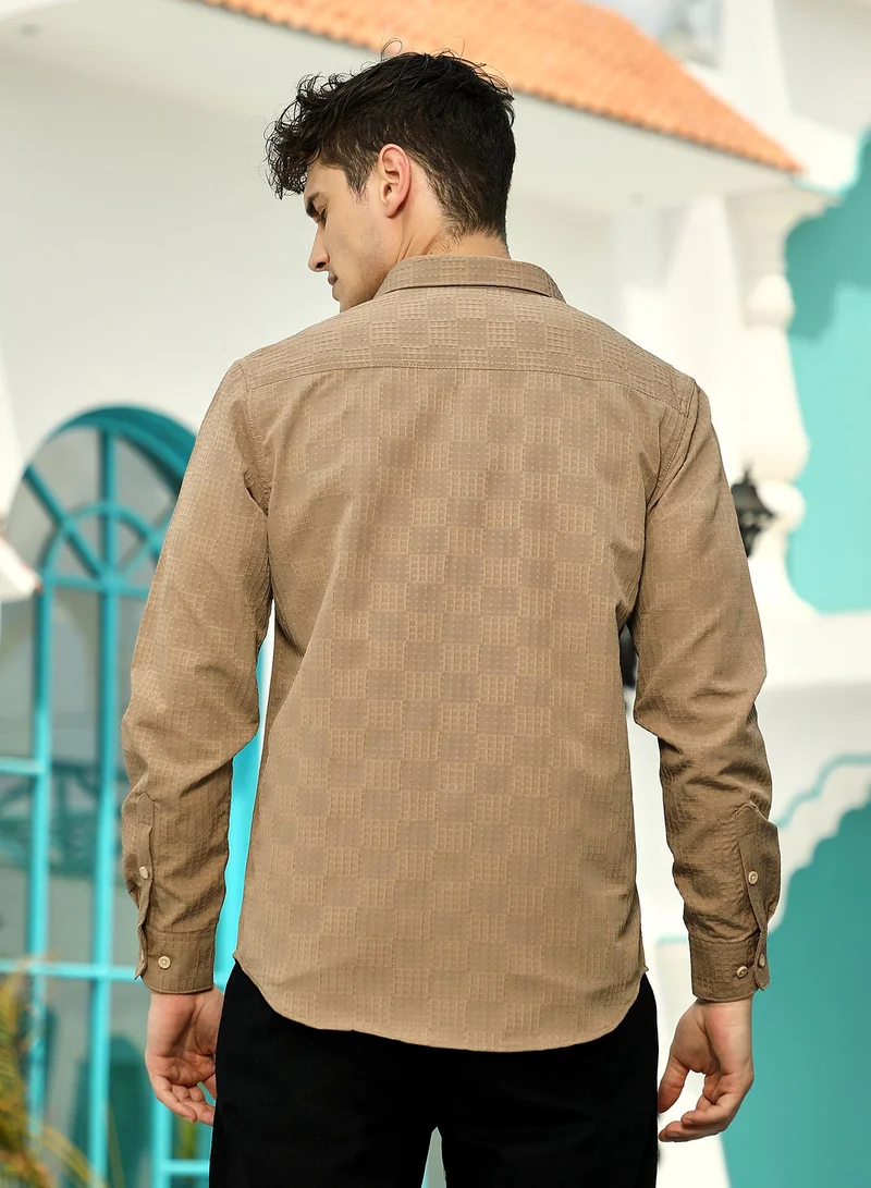 Campus Sutra Campus Sutra Men's Ash Brown Grid-Check Tactile Shirt For Casual Wear | Spread Collar | Long Cuffed Sleeves | Button Closure | Shirt Crafted With Comfort Fit For Everyday Wear