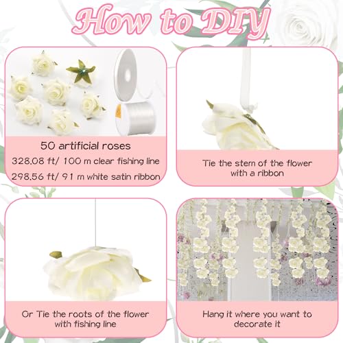 Glitinsel 50 Set Hanging Roses Wedding Flower Decoration with Ribbons DIY Artificial Rose Flowers Garlands for Wedding Engagement Bridal Shower Birthday Party Anniversary Arch Wall Garden DecorWhite - Image 3