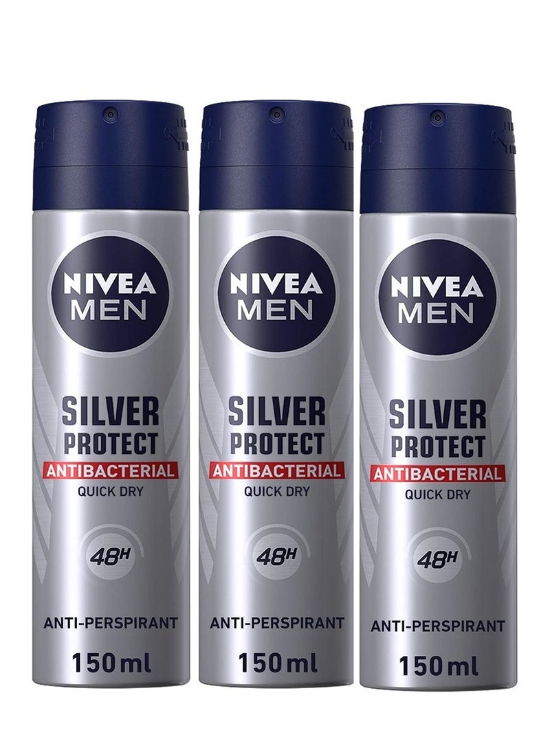 Nivea Silver Protect Antiperspirant For Men Antibacterial Protection Spray Pack Of 3 150ml x 3 - Image 1