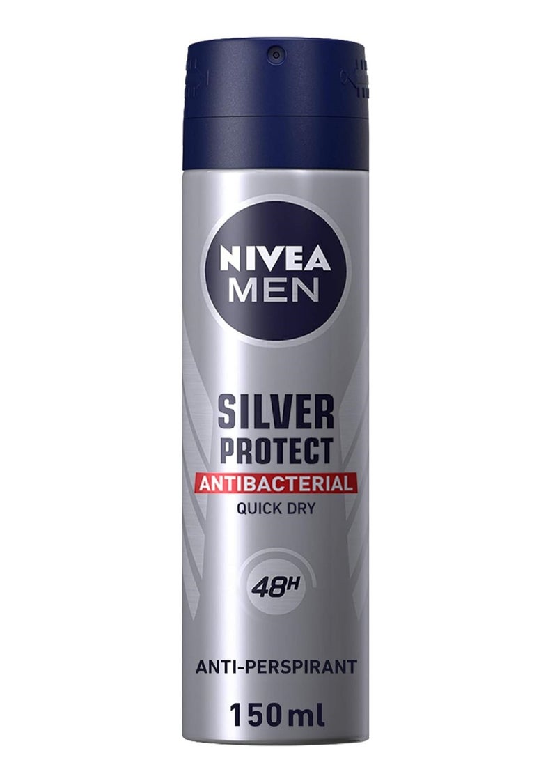 Nivea Silver Protect Antiperspirant For Men Antibacterial Protection Spray Pack Of 3 150ml x 3 - Image 2