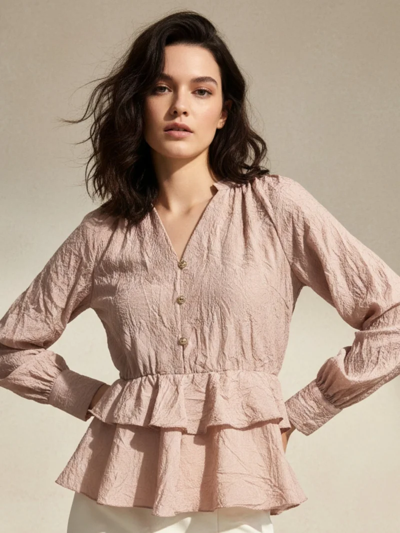 Outzidr  Pink V Neck Ruffle Blouse In Crushed Satin Fabric for Women | Best Price UAE