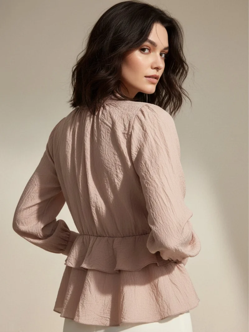 Outzidr  Pink V Neck Ruffle Blouse In Crushed Satin Fabric for Women | Best Price UAE