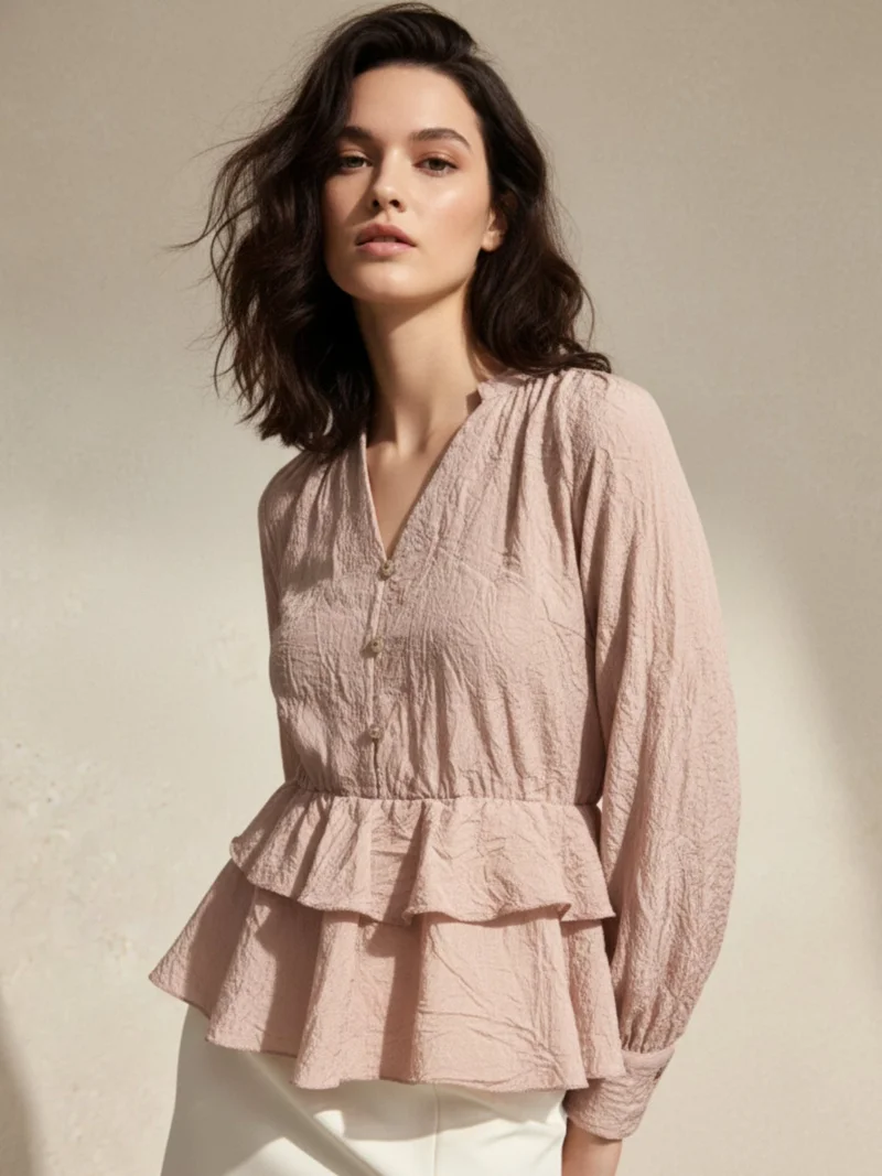 Pink V Neck Ruffle Blouse In Crushed Satin Fabric
