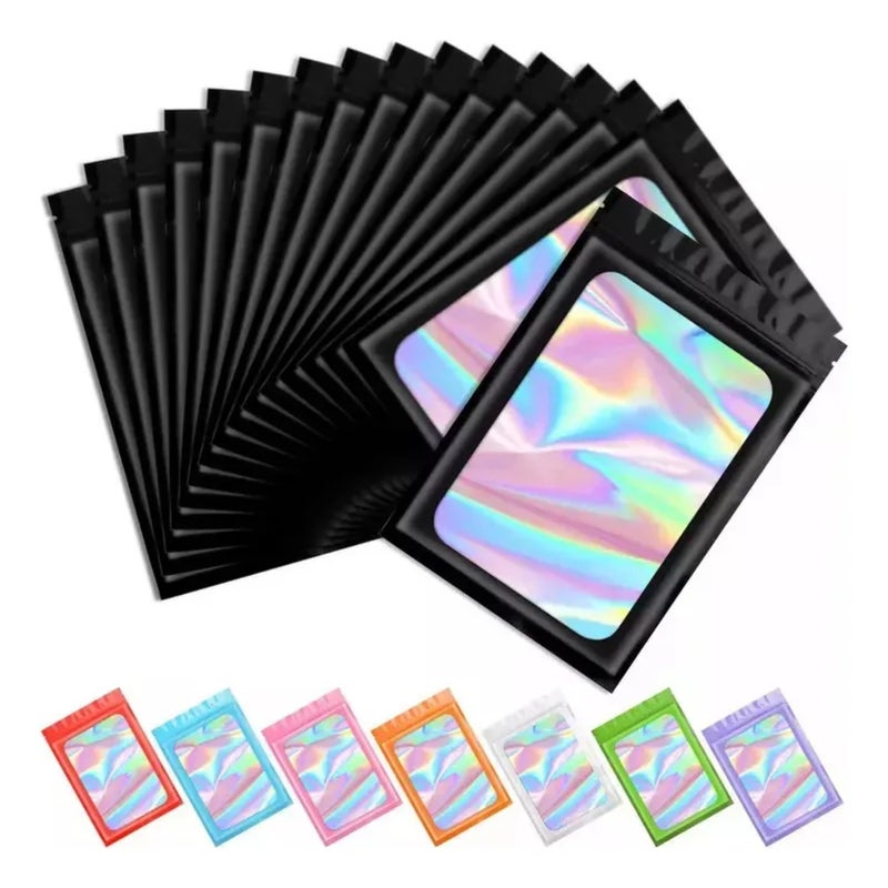 100 كيس ميلار قابل لإعادة الإغلاق من HoloPack بالتصميم الهولوجرافي أسود (7.5×12 سم) - Image 1