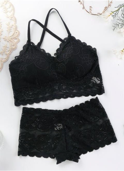 Black Lace-Trimmed Bikini Set - Two Pieces
