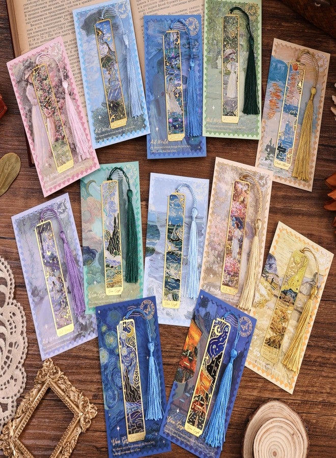 emmoolife 12 Pieces Metal Bookmarks with Tassel, Golden Hollow Bookmark Van Gogh Oil Painting Theme Girl Book Mark Bookmarks for Book Lovers Writers Readers Children Teens Men Women Adults - Image 3