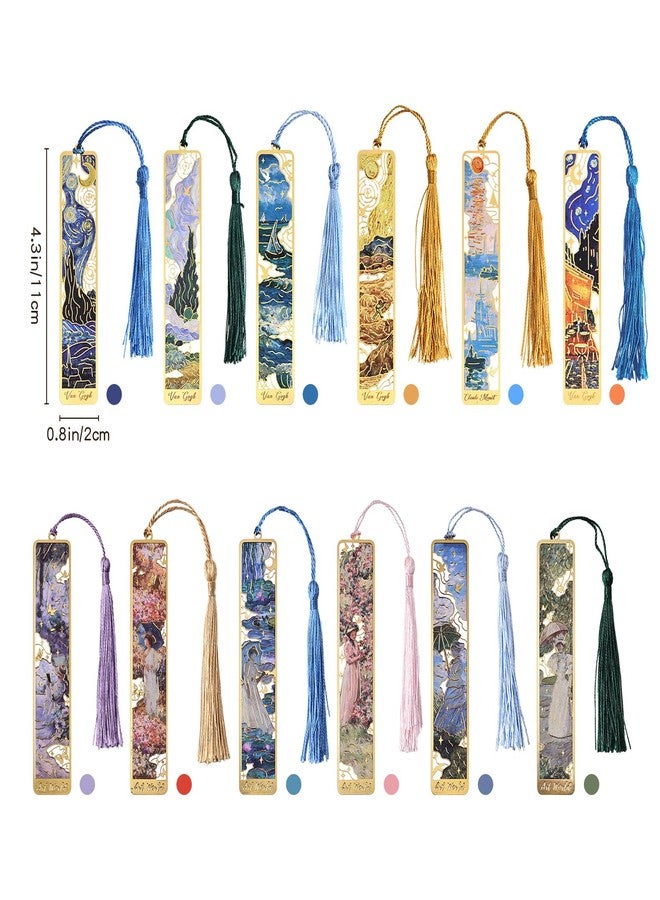 emmoolife 12 Pieces Metal Bookmarks with Tassel, Golden Hollow Bookmark Van Gogh Oil Painting Theme Girl Book Mark Bookmarks for Book Lovers Writers Readers Children Teens Men Women Adults - Image 2