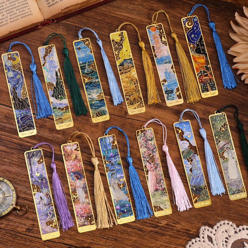 emmoolife 12 Pieces Metal Bookmarks with Tassel, Golden Hollow Bookmark Van Gogh Oil Painting Theme Girl Book Mark Bookmarks for Book Lovers Writers Readers Children Teens Men Women Adults - Image 1