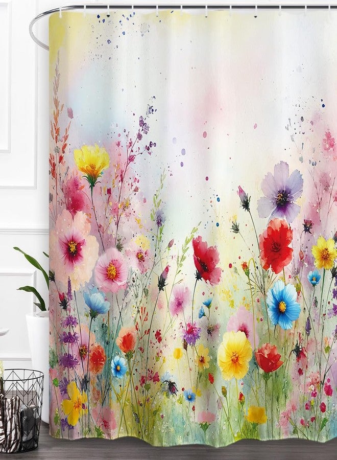 Baccessor Spring Summer Floral Shower Curtain Colorful Romantic Watercolor Wildflower Shower Curtain Polyester Fabric Bathroom Bath Home Decor Waterproof Weighted with Hooks 72 W x72 H Inch - Image 1