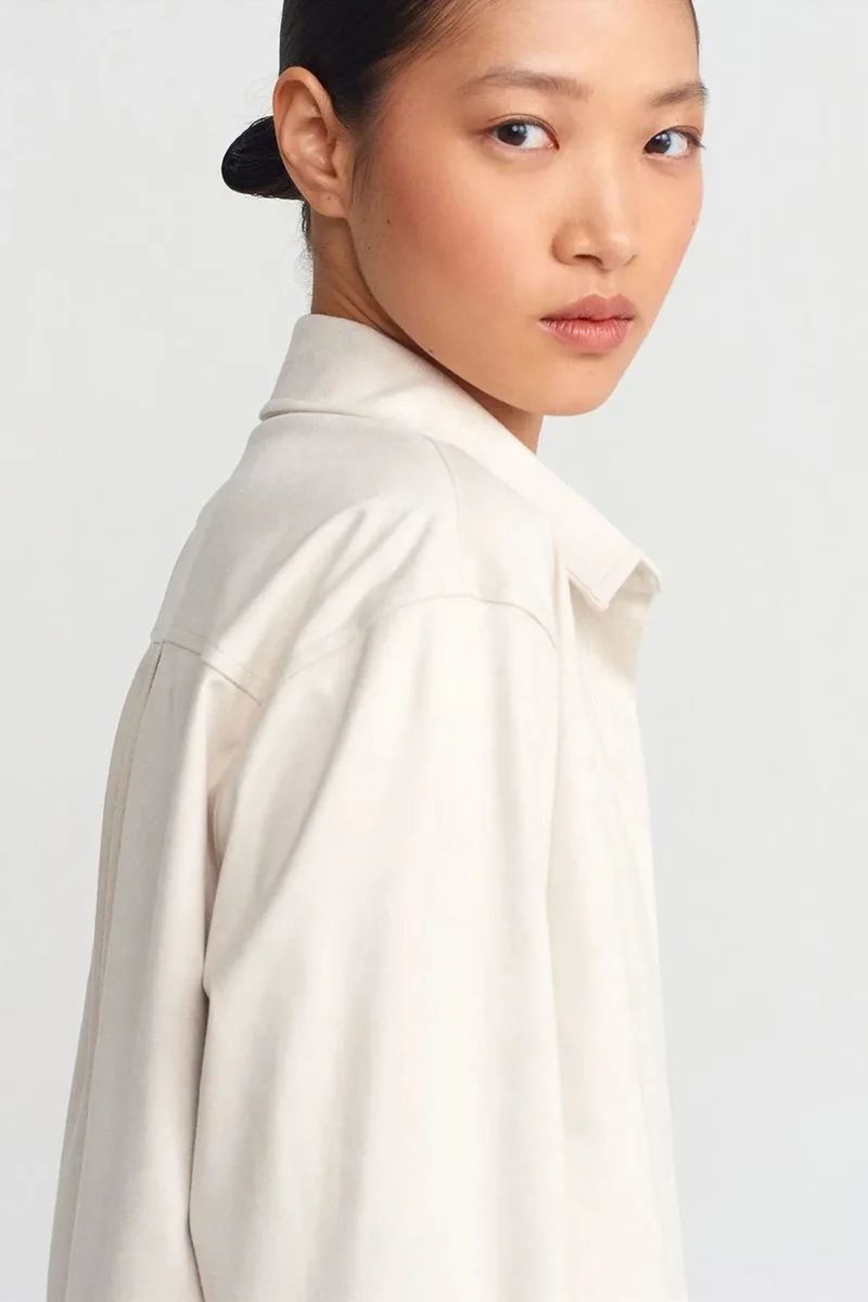 Dilvin Cream Natural DILVIN Women's Cropped Faux Suede Button Shirt for Women | Best Price UAE