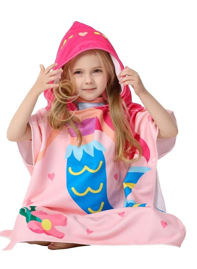 Mermaid Children's Bath Towel for 1-6 Years Toddler Hooded Towel Microfiber Super Soft Robe Poncho Bathrobe Girls Swimming Beach Holiday Water Playing Pool Swim Coverups 1Pcs  - Image 4
