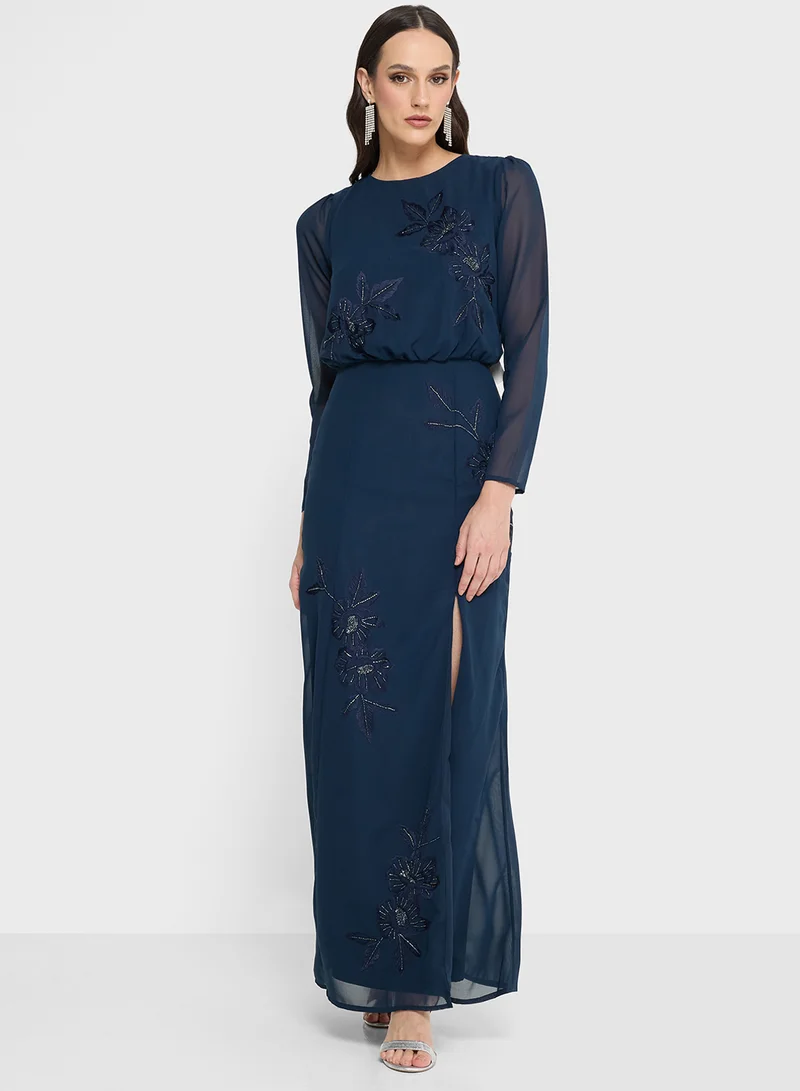 Maya Embroidered Detail Side Slit Maxi Dress