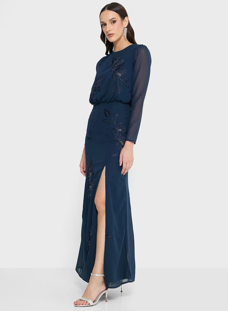 Maya Embroidered Detail Side Slit Maxi Dress