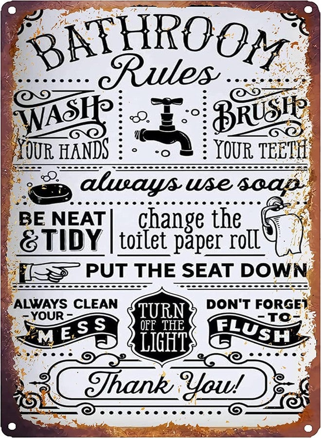 Flyhaw Funny Bathroom Metal Sign Decor Vintage Bathroom Rules Tin Sign Wall Decor for Home Bathroom Decor 8x12 Inch - Image 1
