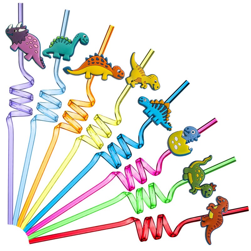 Skyley 24 Pieces Reusable Dinosaur Straws Reusable Silly Drinking Straws for Kids Safari Jungle Dinosaur Theme Party Supplies Decorations Birthday Party Favors 8 Styles 8 Colors