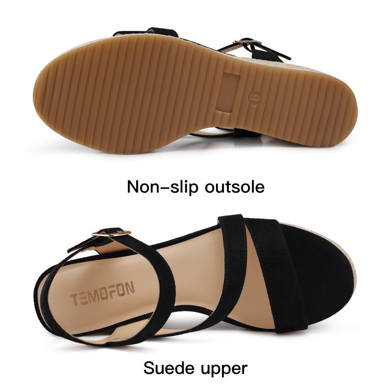 TEMOFON Wedge Sandals for Women Platform: Black Espadrille Dressy Summer Wedge - Comfortable Ankle Strap Womens Sandals Size 7 - Image 5