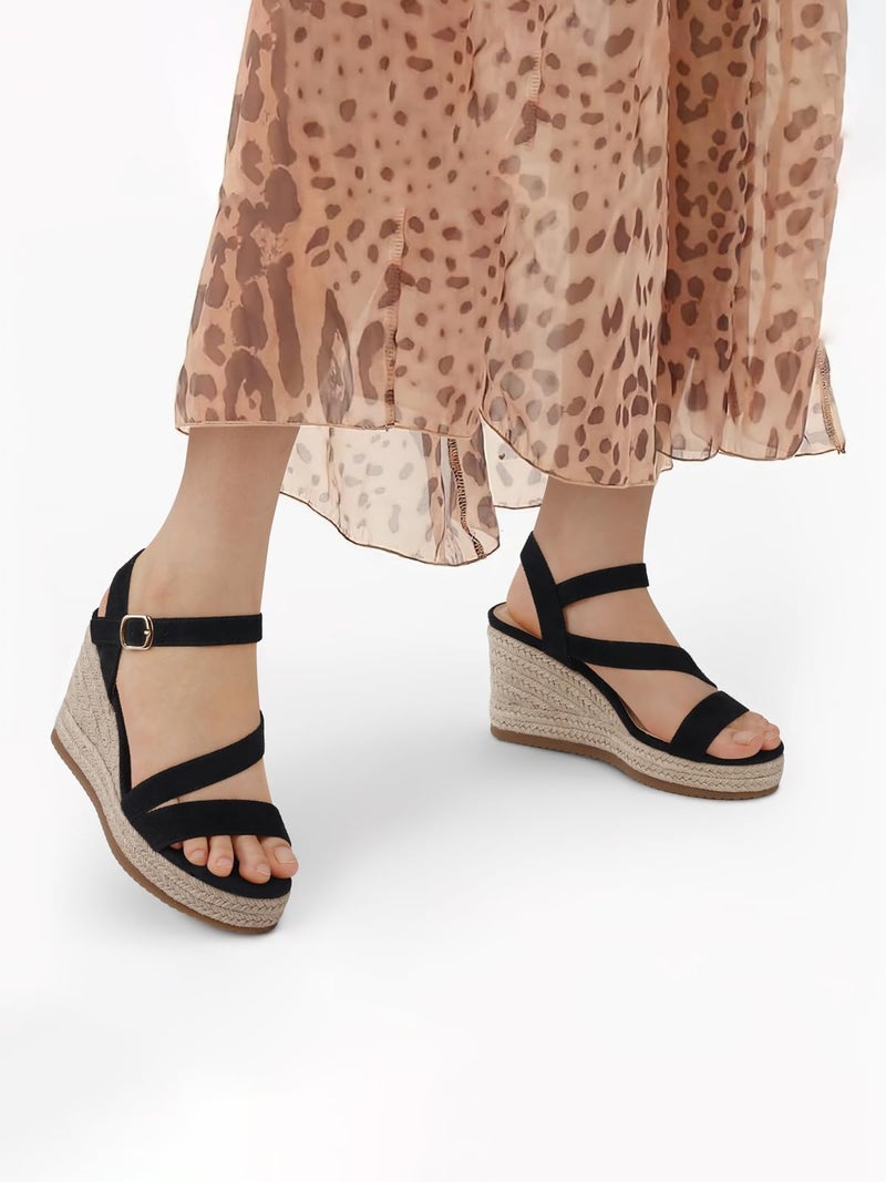 TEMOFON Wedge Sandals for Women Platform: Black Espadrille Dressy Summer Wedge - Comfortable Ankle Strap Womens Sandals Size 7 - Image 2