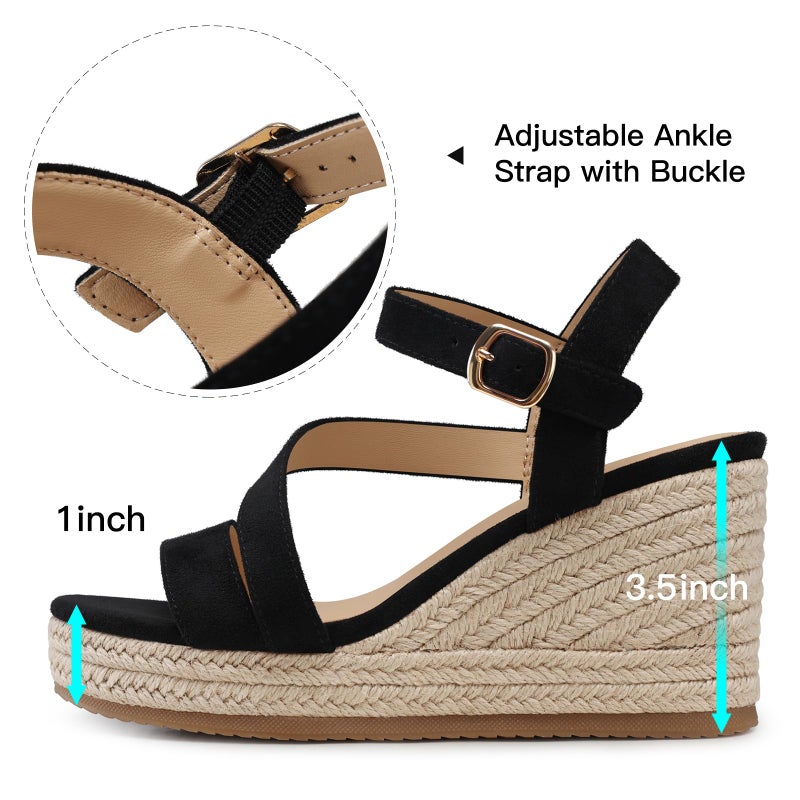 TEMOFON Wedge Sandals for Women Platform: Black Espadrille Dressy Summer Wedge - Comfortable Ankle Strap Womens Sandals Size 7 - Image 4