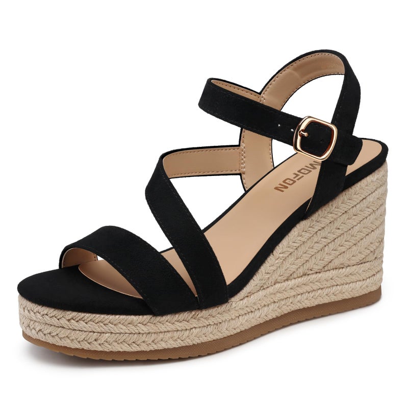 TEMOFON Wedge Sandals for Women Platform: Black Espadrille Dressy Summer Wedge - Comfortable Ankle Strap Womens Sandals Size 7 - Image 1