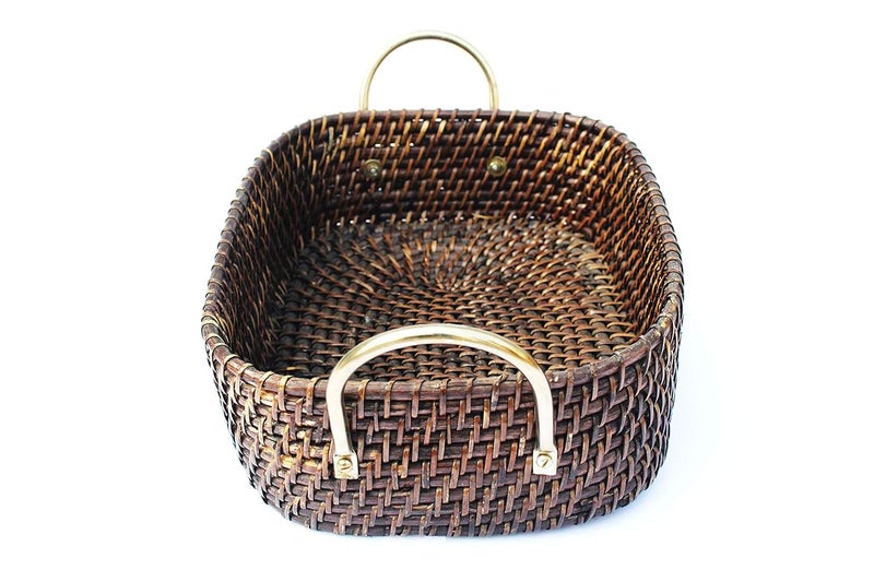 Akway AKWAY Bamboo Wicker Brass Basket Cloth Storage Bin for Toiletry Cosmetic Towels Toys Bathroom Organizer (Antique Black, Natural, 14 x 11 x 4 inch)(Rattan;Brass)  - Image 4