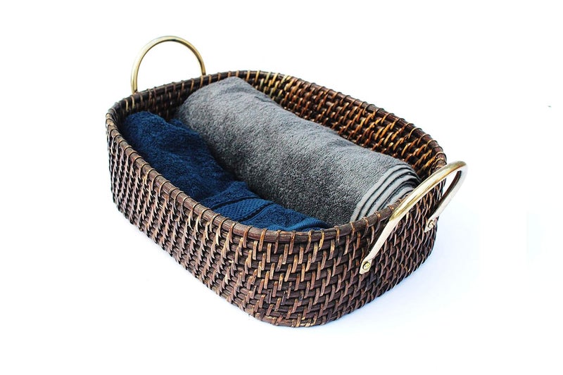 Akway AKWAY Bamboo Wicker Brass Basket Cloth Storage Bin for Toiletry Cosmetic Towels Toys Bathroom Organizer (Antique Black, Natural, 14 x 11 x 4 inch)(Rattan;Brass)  - Image 2