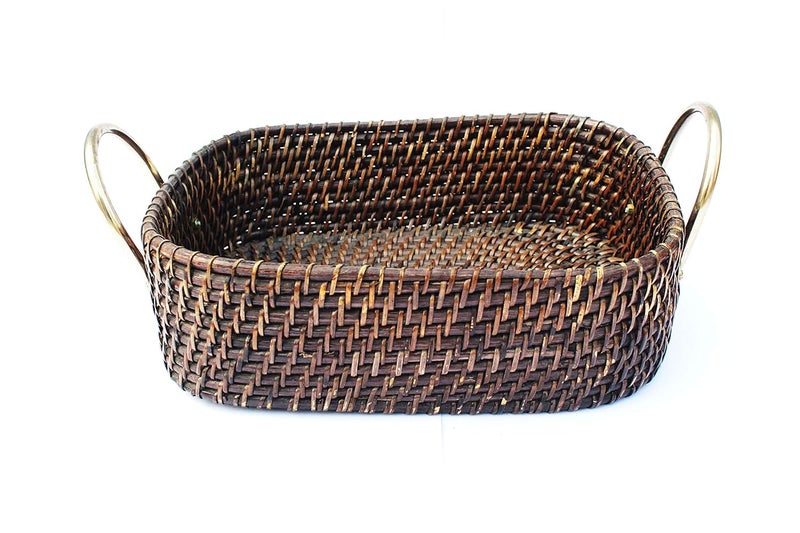 Akway AKWAY Bamboo Wicker Brass Basket Cloth Storage Bin for Toiletry Cosmetic Towels Toys Bathroom Organizer (Antique Black, Natural, 14 x 11 x 4 inch)(Rattan;Brass)  - Image 1