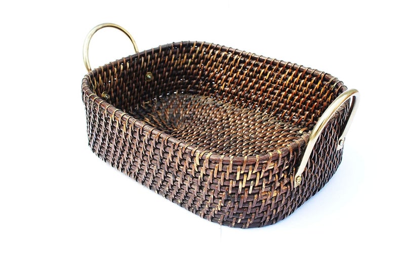 Akway AKWAY Bamboo Wicker Brass Basket Cloth Storage Bin for Toiletry Cosmetic Towels Toys Bathroom Organizer (Antique Black, Natural, 14 x 11 x 4 inch)(Rattan;Brass)  - Image 3