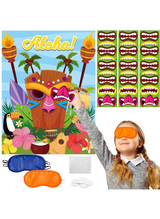 Aloha Tiki Party Stickers Game Aloha Tiki Poster With Blindfold Stickers Pin The Mouth Game For Hawaiian Luau Party Supplies Summer Tropical Party Favor Carnival Jungle Hibiscus Party Decor