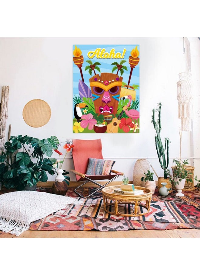 Aloha Tiki Party Stickers Game Aloha Tiki Poster With Blindfold Stickers Pin The Mouth Game For Hawaiian Luau Party Supplies Summer Tropical Party Favor Carnival Jungle Hibiscus Party Decor