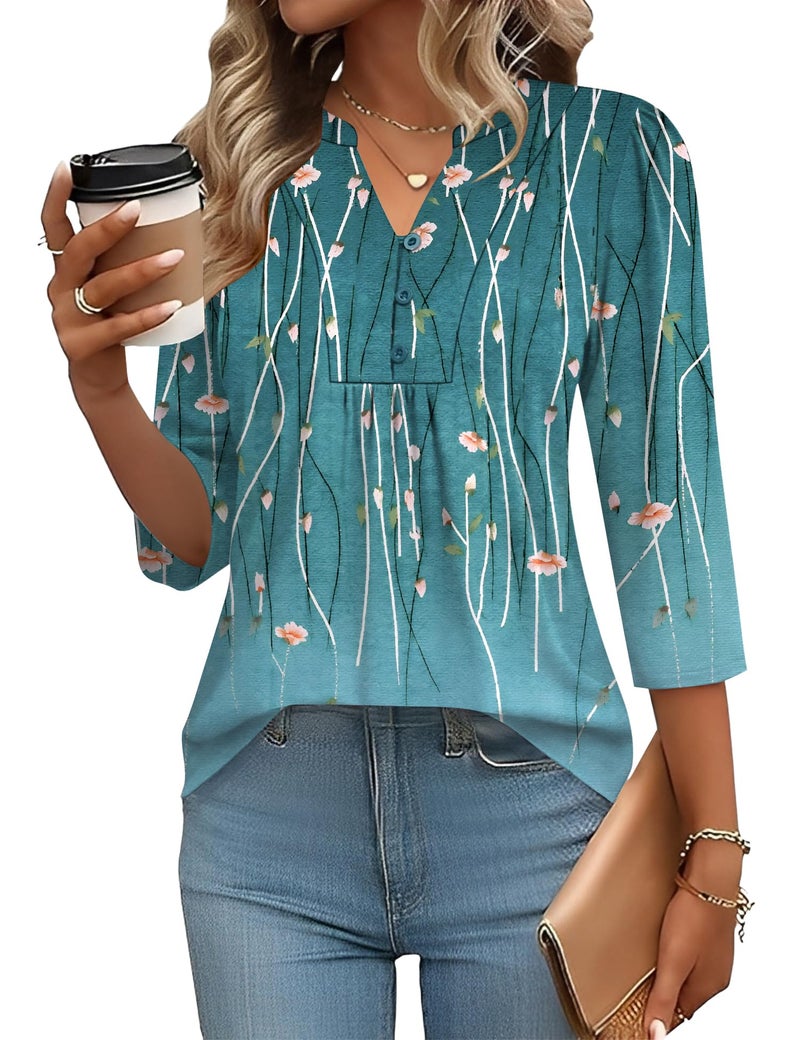 IECCP Womens Spring Summer Tops 3/4 Length Sleeve Women Blouses Dressy Casual Henley V-Neck Puff Sleeve Shirts Soft Basic Tees (Blue Leaves,L) - Image 1