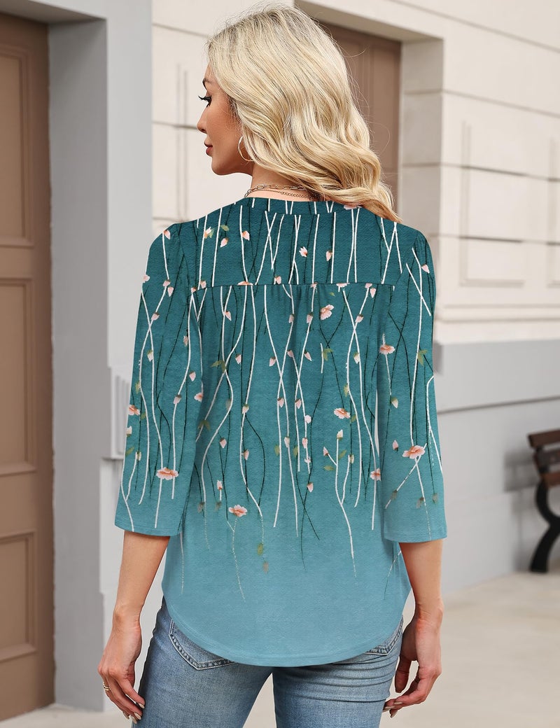 IECCP Womens Spring Summer Tops 3/4 Length Sleeve Women Blouses Dressy Casual Henley V-Neck Puff Sleeve Shirts Soft Basic Tees (Blue Leaves,L) - Image 5