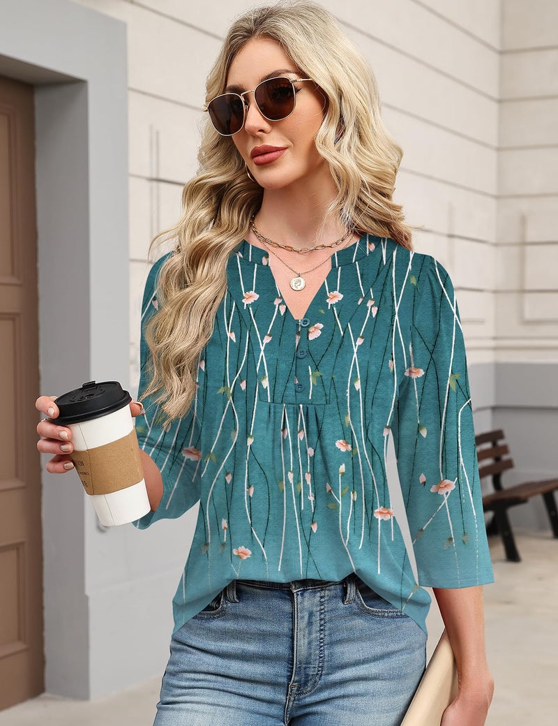 IECCP Womens Spring Summer Tops 3/4 Length Sleeve Women Blouses Dressy Casual Henley V-Neck Puff Sleeve Shirts Soft Basic Tees (Blue Leaves,L) - Image 4