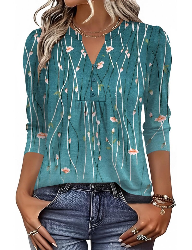 IECCP Womens Spring Summer Tops 3/4 Length Sleeve Women Blouses Dressy Casual Henley V-Neck Puff Sleeve Shirts Soft Basic Tees (Blue Leaves,L) - Image 2